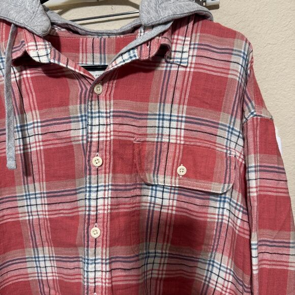 American Eagle Hooded Flannel Shirt Mens Size L pink plaid super soft grunge - Picture 2 of 8